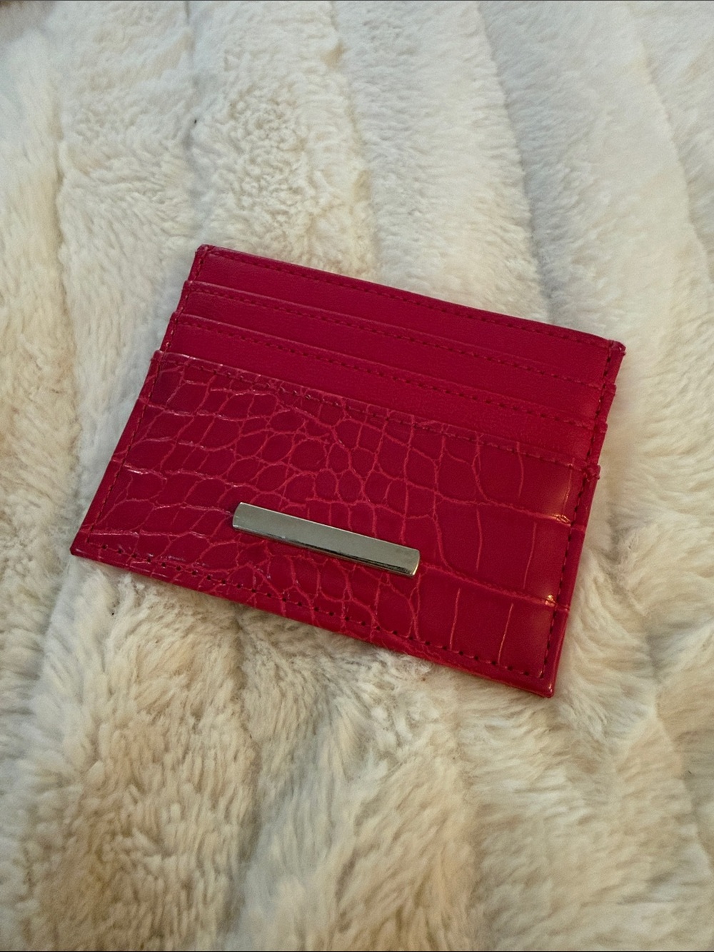 Red Croc-Embossed Card Holder with Silver Accent